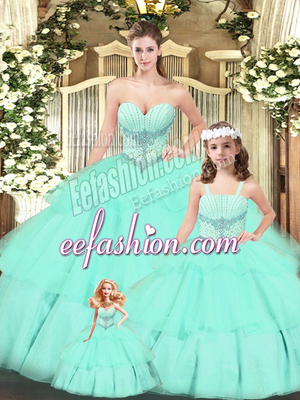 Hot Selling Tulle Sleeveless Floor Length 15th Birthday Dress and Beading and Ruching