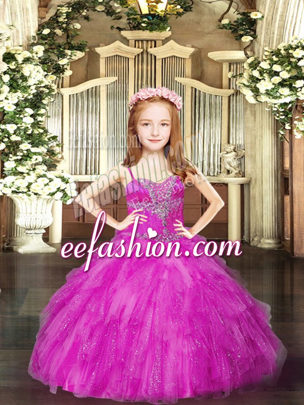 Eye-catching Fuchsia Ball Gowns Tulle Spaghetti Straps Sleeveless Beading and Ruffles Floor Length Lace Up Kids Pageant Dress