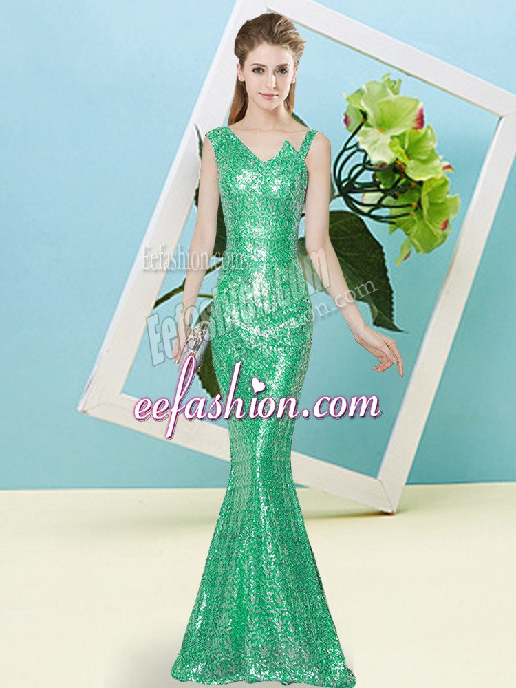  Sequins Evening Dress Turquoise Zipper Sleeveless Floor Length