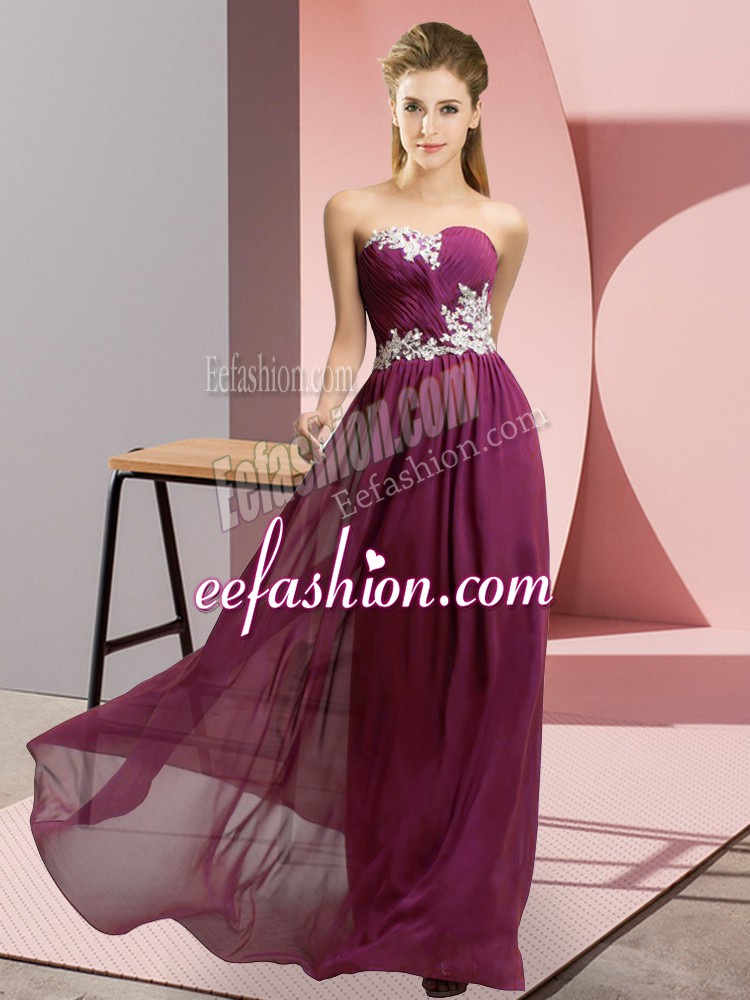 Dark Purple Chiffon Lace Up Sweetheart Sleeveless Floor Length Homecoming Dress Appliques