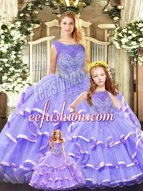  Floor Length Lavender Sweet 16 Quinceanera Dress Organza Sleeveless Beading and Ruffled Layers