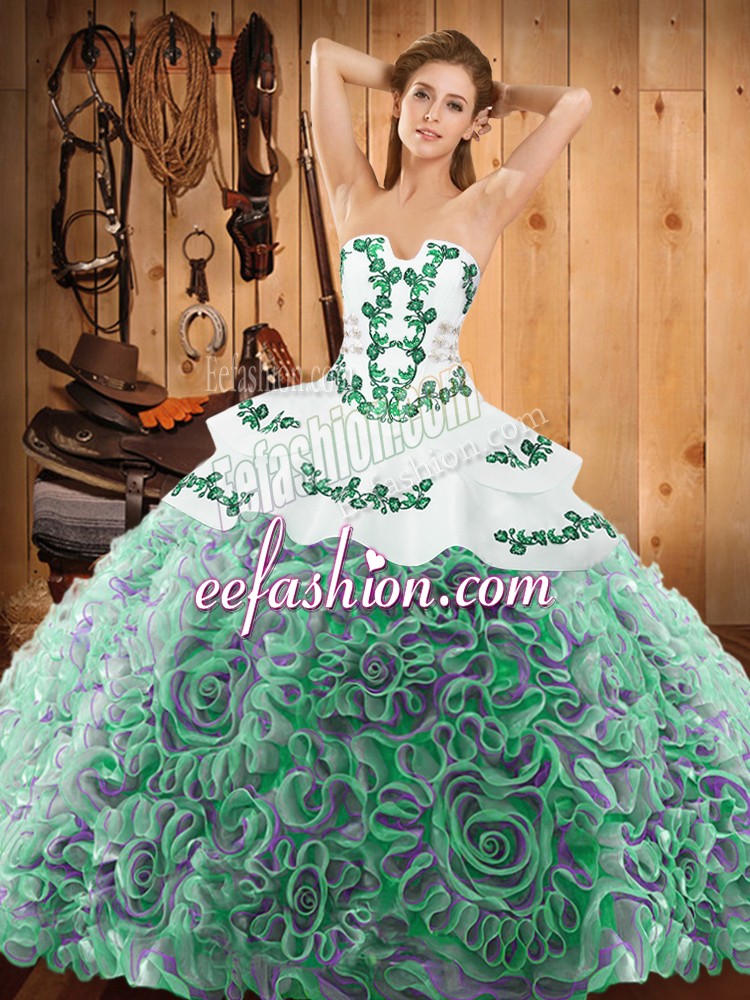 Customized Satin and Fabric With Rolling Flowers Strapless Sleeveless Sweep Train Lace Up Embroidery 15 Quinceanera Dress in Multi-color