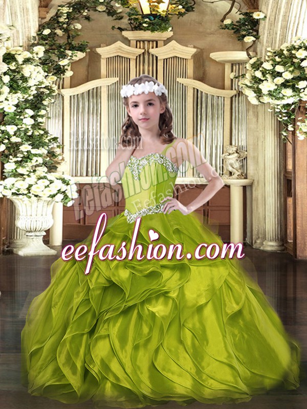 Elegant Floor Length Lace Up Girls Pageant Dresses Olive Green for Military Ball and Sweet 16 and Quinceanera with Beading and Ruffles