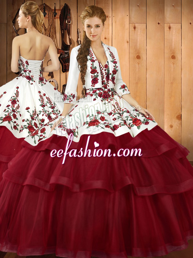 Enchanting Wine Red Organza Lace Up Sweetheart Sleeveless Quinceanera Gowns Sweep Train Embroidery