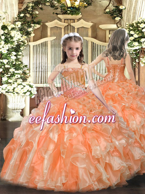 Glorious Sleeveless Organza Floor Length Lace Up Little Girls Pageant Dress in Orange with Beading and Sequins