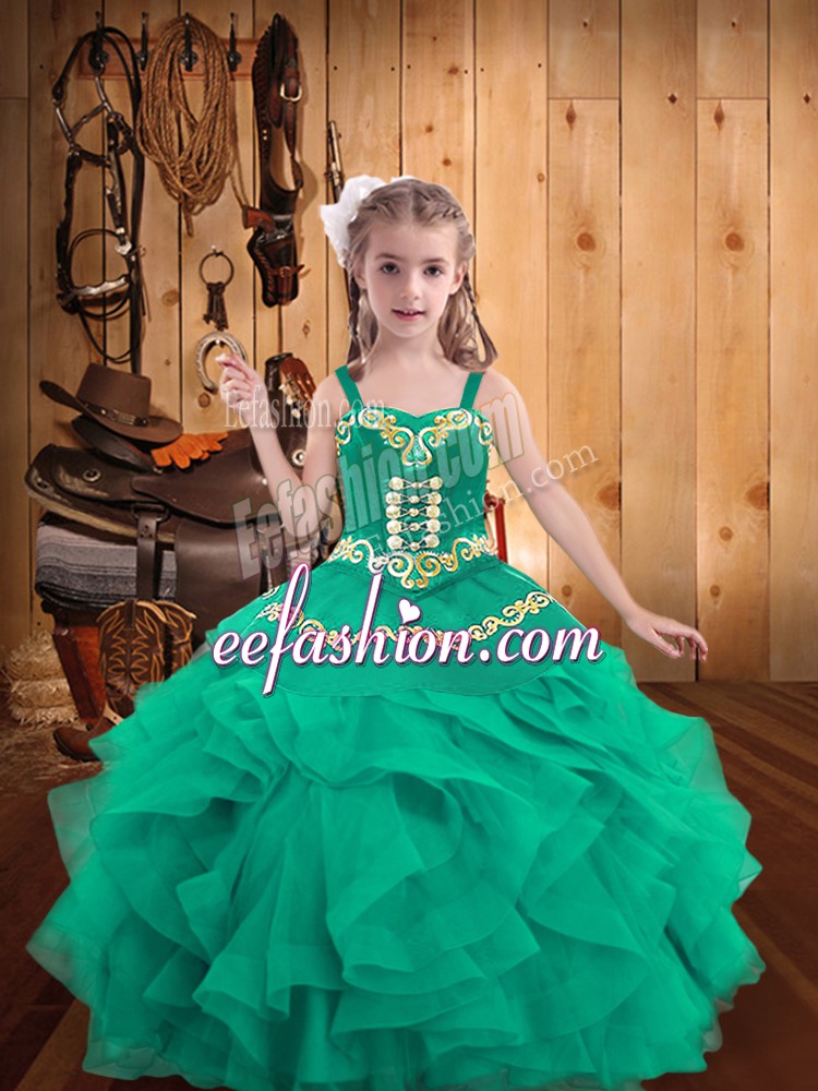 Exquisite Embroidery and Ruffles Little Girl Pageant Gowns Turquoise Lace Up Sleeveless Floor Length