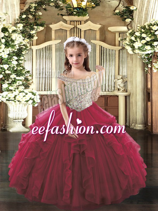 Fuchsia Ball Gowns Organza Off The Shoulder Sleeveless Beading and Ruffles Floor Length Lace Up Glitz Pageant Dress