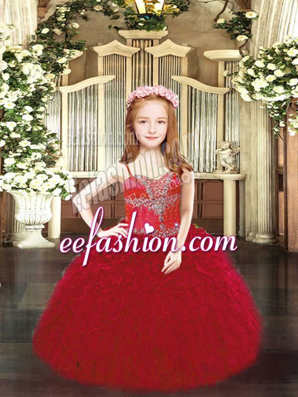 On Sale Wine Red Lace Up Pageant Dress Beading and Ruffles Sleeveless Floor Length