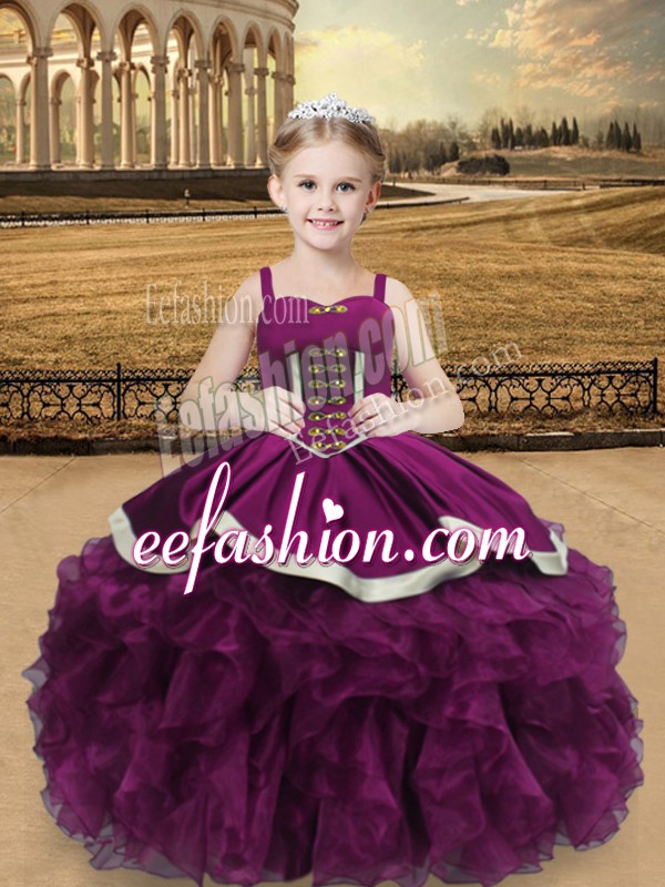 Great Purple Sleeveless Floor Length Beading and Ruffles Lace Up Pageant Dress for Womens