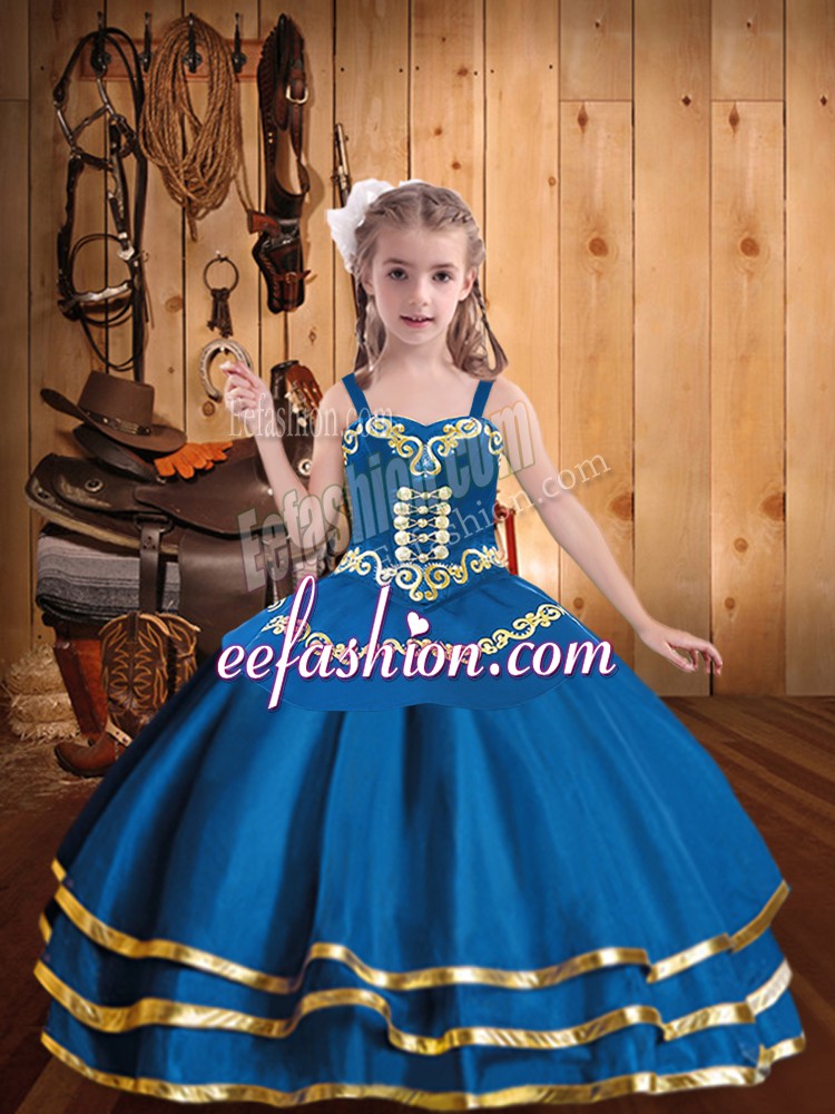  Blue Lace Up Pageant Dress Wholesale Embroidery and Ruffled Layers Sleeveless Floor Length