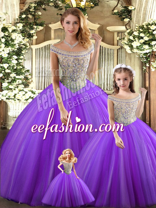 Cute Purple Sleeveless Tulle Lace Up Quinceanera Dress for Military Ball and Sweet 16 and Quinceanera