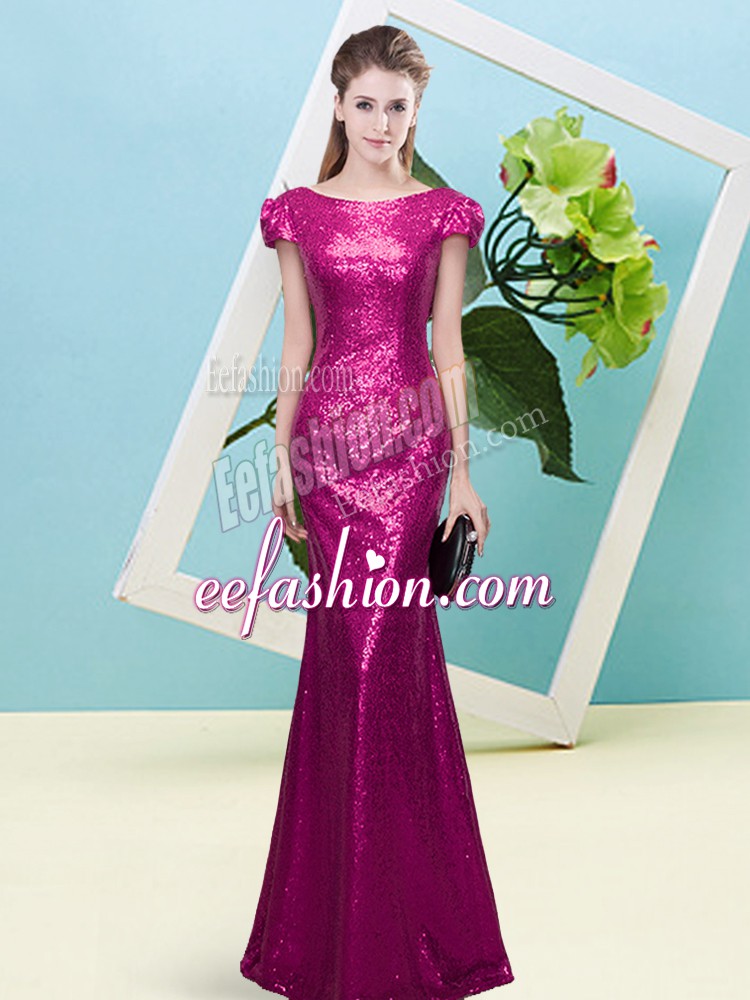  Fuchsia Prom Dresses Prom and Party with Sequins Scoop Cap Sleeves Zipper