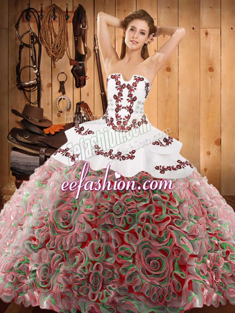 Best Selling Sweep Train Ball Gowns Sweet 16 Quinceanera Dress Multi-color Strapless Satin and Fabric With Rolling Flowers Sleeveless With Train Lace Up