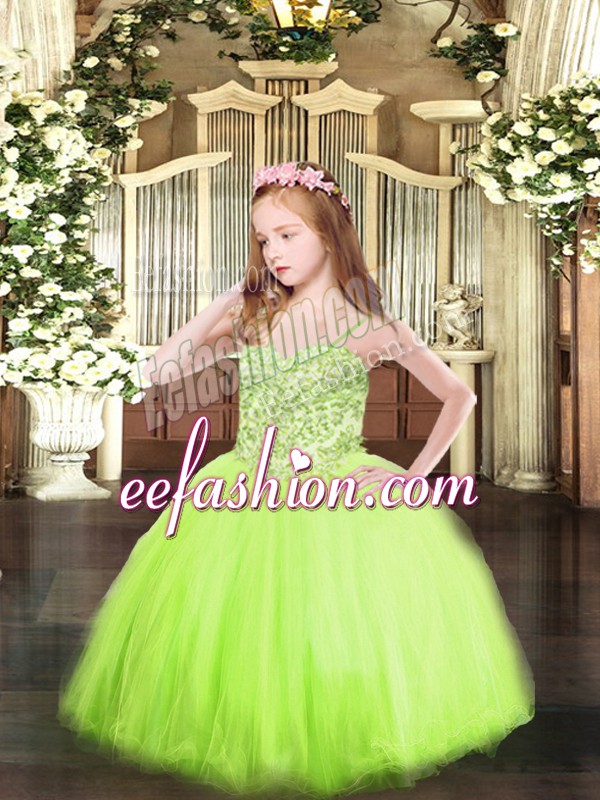 Popular Yellow Green Lace Up Pageant Dress Toddler Appliques Sleeveless Floor Length