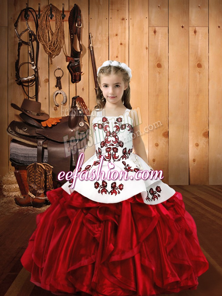 Exquisite Floor Length Wine Red Custom Made Pageant Dress Organza Sleeveless Embroidery and Ruffles
