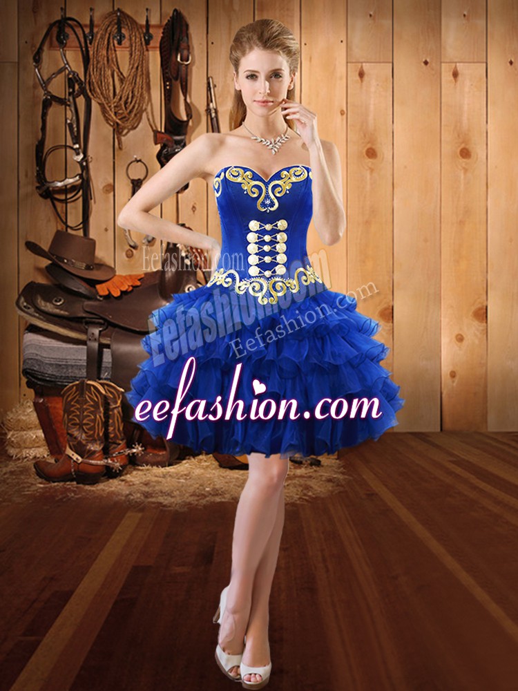 Dynamic Royal Blue Organza Lace Up Sweetheart Sleeveless Mini Length Prom Dresses Embroidery and Ruffled Layers