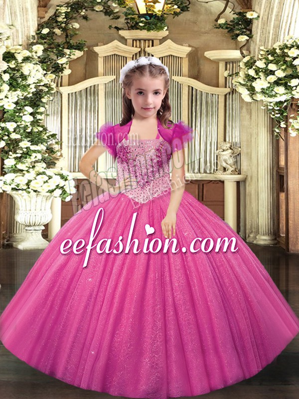 Excellent Hot Pink Kids Pageant Dress Tulle Sleeveless Beading