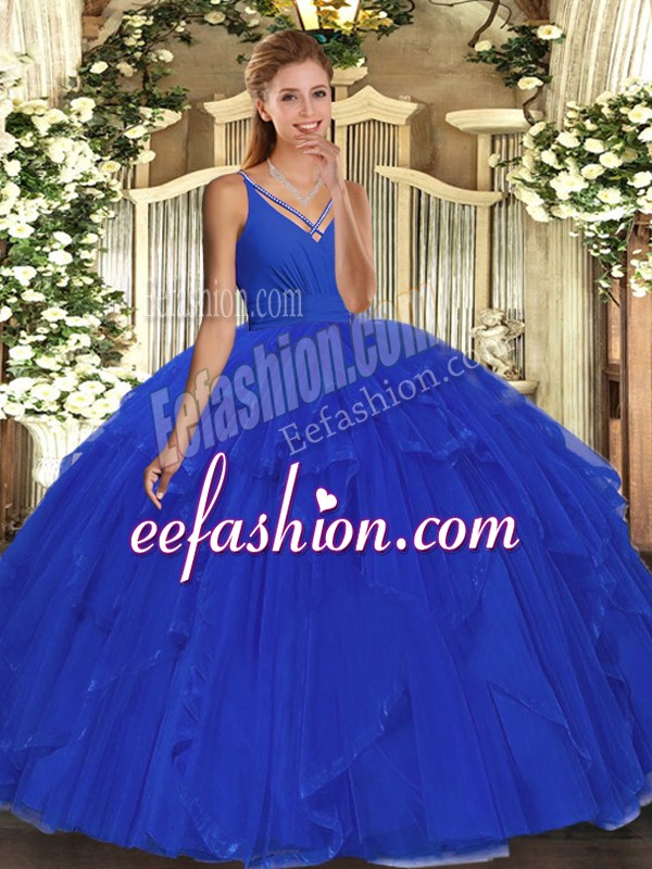  Floor Length Blue Quinceanera Gown V-neck Sleeveless Backless