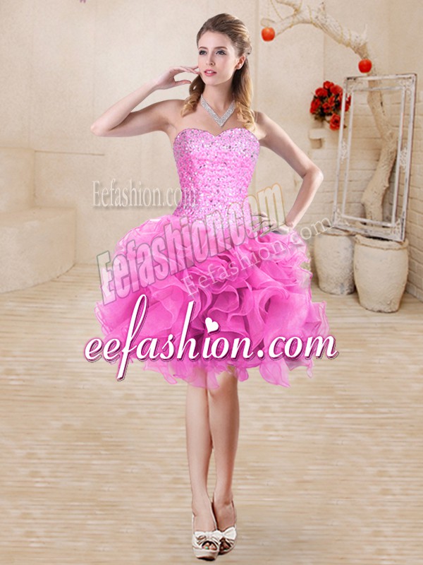  Rose Pink Organza Lace Up Homecoming Dress Sleeveless Mini Length Beading and Ruffles