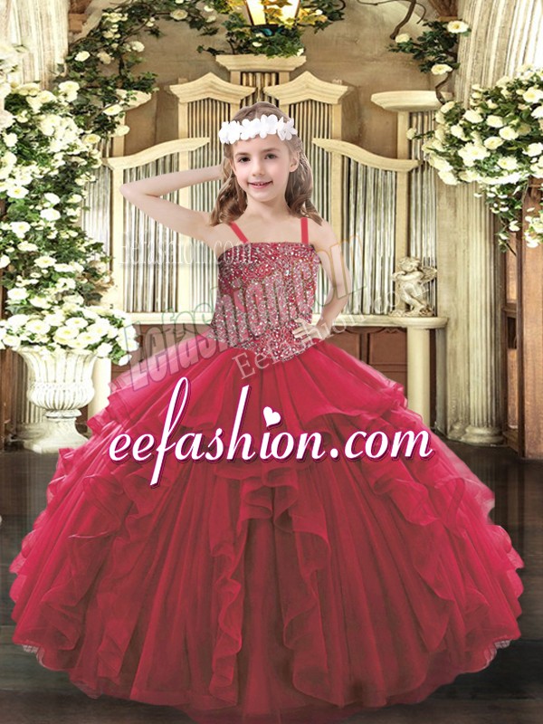  Floor Length Red Little Girls Pageant Dress Wholesale Tulle Sleeveless Beading and Ruffles