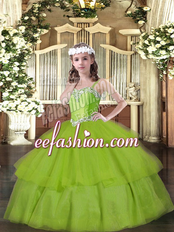  Sleeveless Organza Floor Length Lace Up Little Girl Pageant Dress in Olive Green with Beading and Ruffled Layers