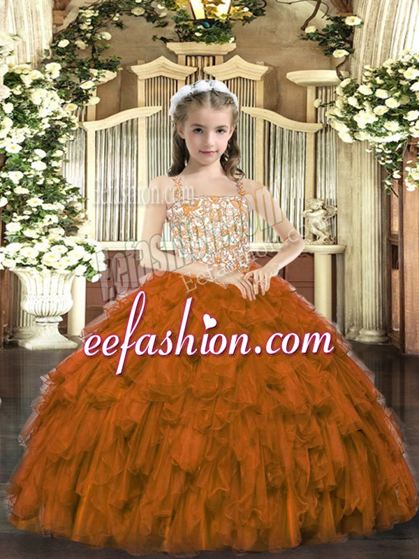 Fashionable Brown Ball Gowns Beading and Ruffles Pageant Dress for Girls Lace Up Organza Sleeveless Floor Length