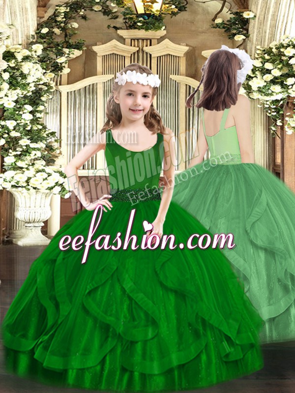 Hot Sale Tulle Sleeveless Floor Length Pageant Dress Toddler and Beading and Ruffles