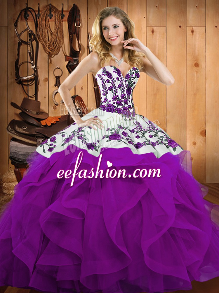 Fashionable Sweetheart Sleeveless Satin and Organza 15 Quinceanera Dress Embroidery and Ruffles Lace Up