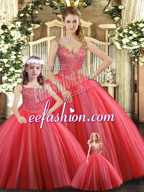  Coral Red Ball Gowns Beading Quinceanera Gowns Lace Up Tulle Sleeveless Floor Length