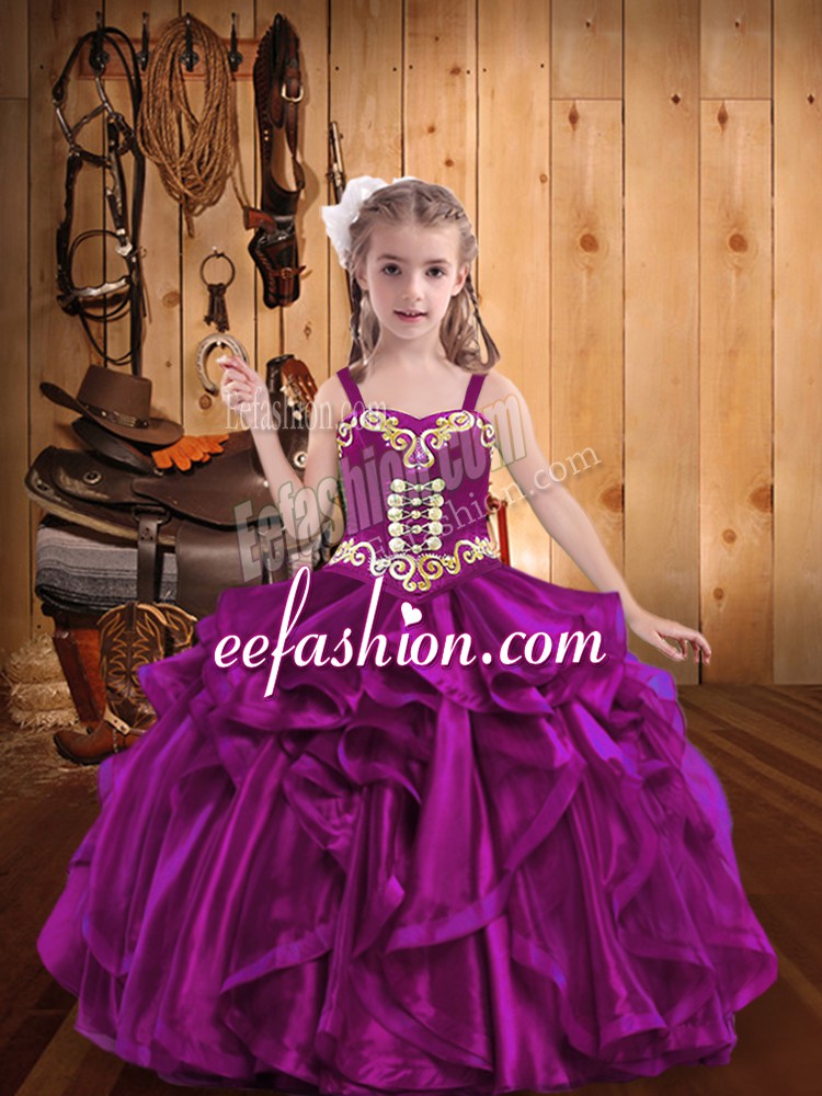  Straps Sleeveless Lace Up Little Girls Pageant Dress Wholesale Fuchsia Organza