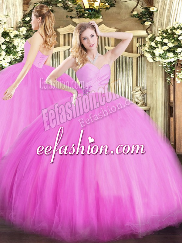 Best Fuchsia Tulle Lace Up 15th Birthday Dress Sleeveless Floor Length Beading