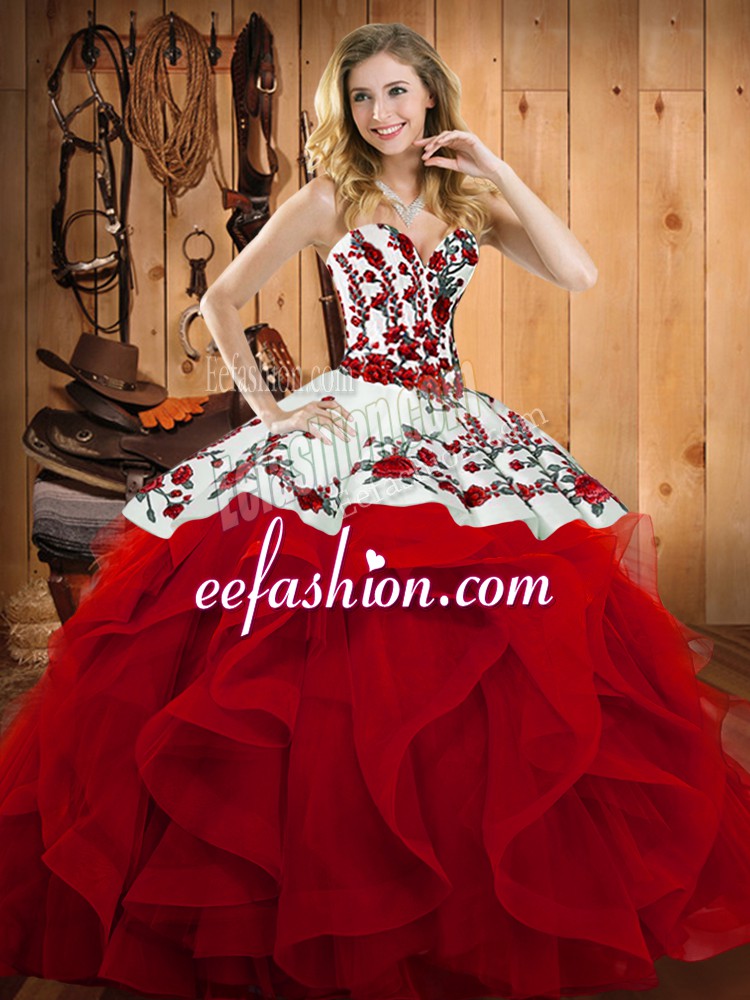 New Arrival Ball Gowns Quinceanera Gown Wine Red Sweetheart Satin and Organza Sleeveless Floor Length Lace Up