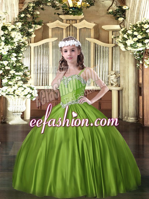  Olive Green Pageant Dress Toddler Party and Quinceanera with Beading Straps Sleeveless Lace Up