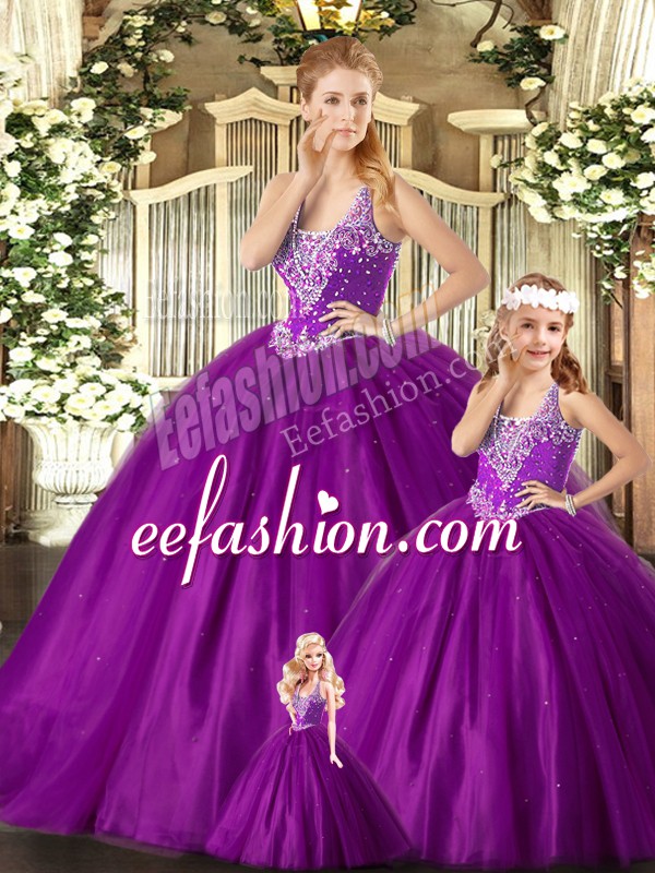  Purple Tulle Lace Up Vestidos de Quinceanera Sleeveless Floor Length Beading