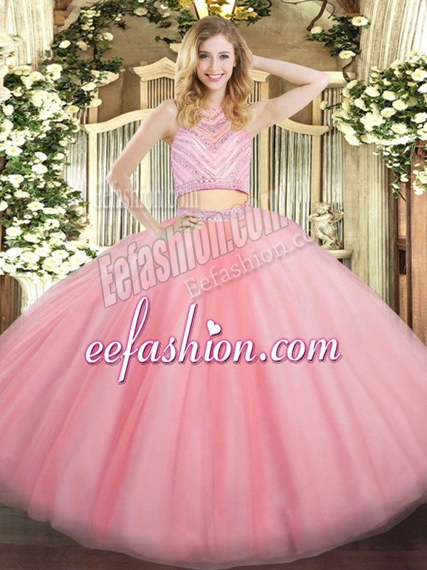 Super Beading Sweet 16 Quinceanera Dress Baby Pink Zipper Sleeveless Floor Length