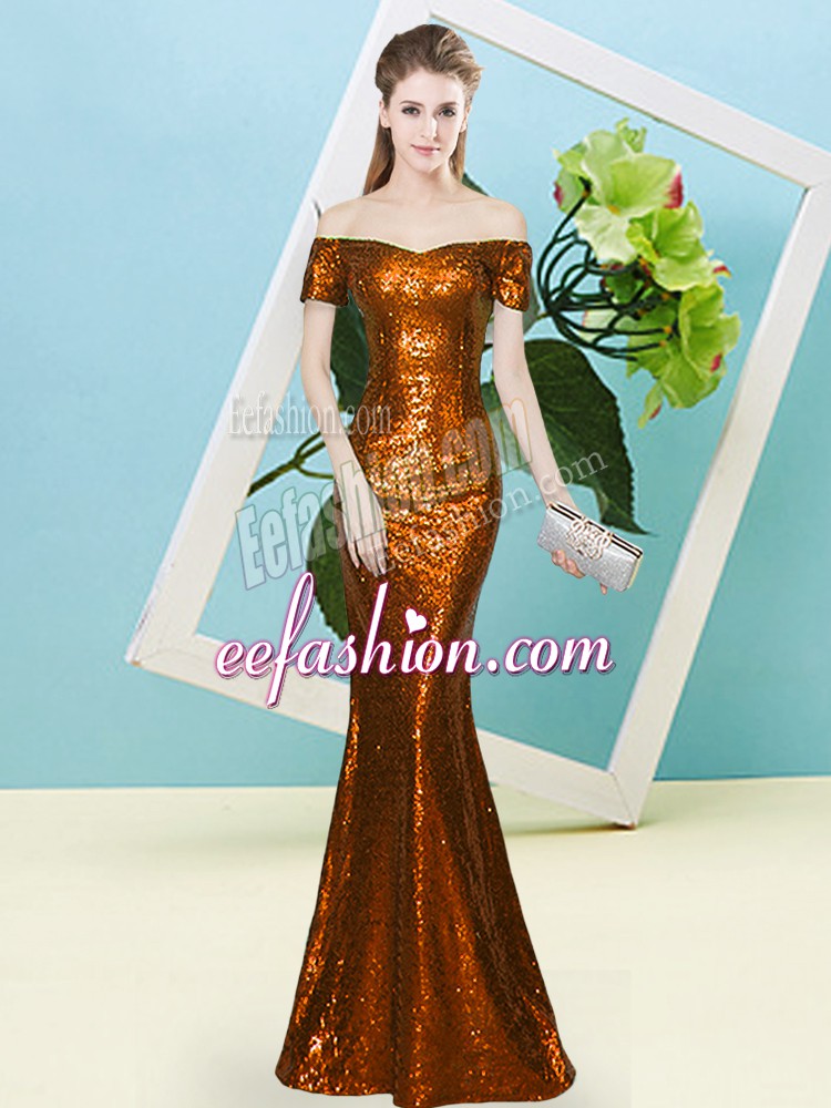 Luxury Rust Red Short Sleeves Sequined Zipper Dress for Prom for Prom and Party
