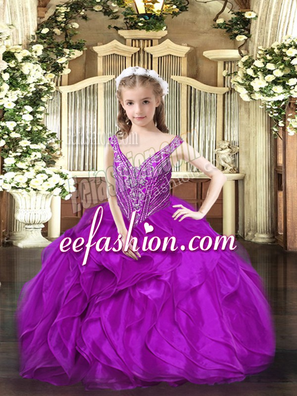 Beautiful Purple V-neck Neckline Beading and Ruffles Little Girls Pageant Dress Wholesale Sleeveless Lace Up
