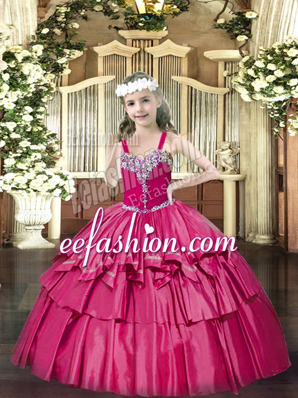 Hot Pink Organza Lace Up Pageant Dress Toddler Sleeveless Floor Length Beading and Ruffled Layers
