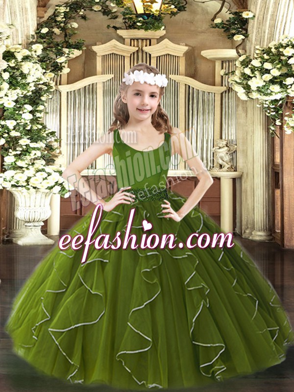  Floor Length Olive Green Pageant Dress Scoop Sleeveless Zipper