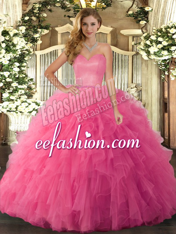  Floor Length Hot Pink Sweet 16 Quinceanera Dress Sweetheart Sleeveless Lace Up