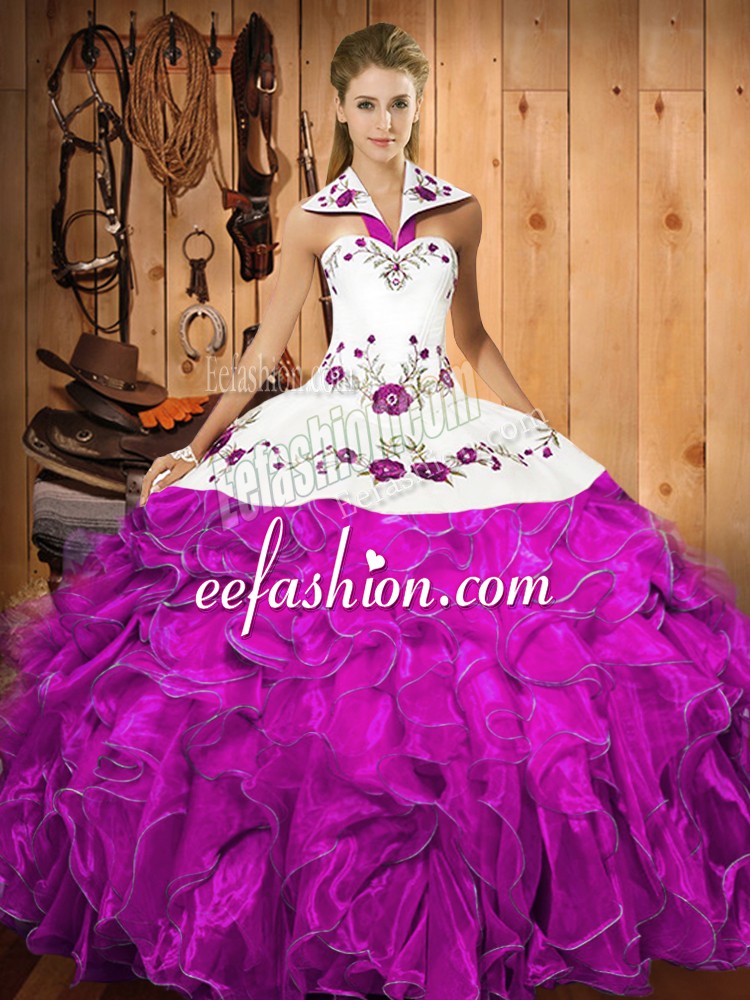  Sleeveless Satin and Organza Floor Length Lace Up 15th Birthday Dress in Fuchsia with Embroidery and Ruffles