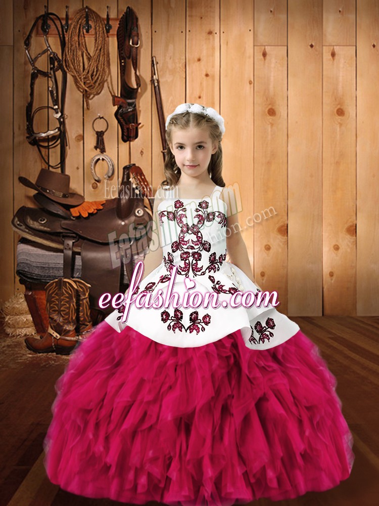 Low Price Sleeveless Organza Floor Length Lace Up Little Girls Pageant Dress Wholesale in Fuchsia with Embroidery and Ruffles