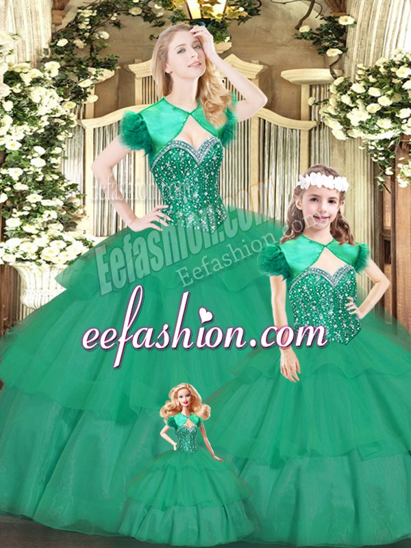  Green Organza Lace Up Sweetheart Sleeveless Floor Length Quince Ball Gowns Beading and Ruffled Layers