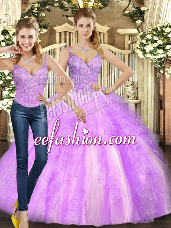 Glamorous Floor Length Lace Up Vestidos de Quinceanera Lilac for Military Ball and Sweet 16 and Quinceanera with Beading and Ruffles