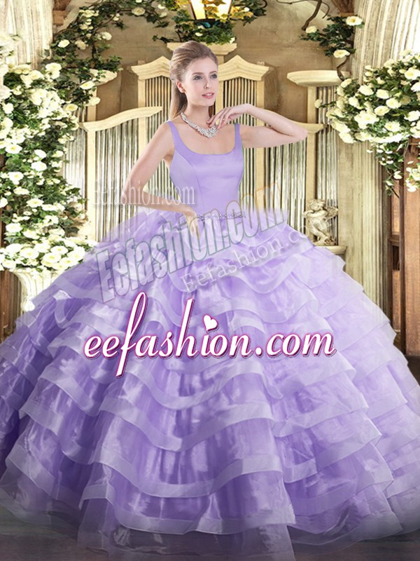  Sleeveless Floor Length Beading and Ruffled Layers Zipper Quinceanera Dress with Lavender
