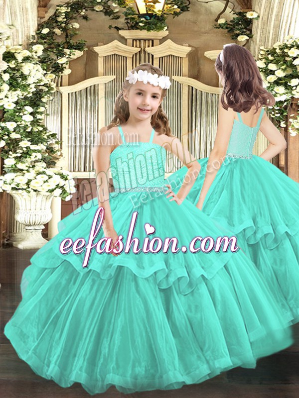  Turquoise Organza Zipper Straps Sleeveless Floor Length Child Pageant Dress Beading and Lace