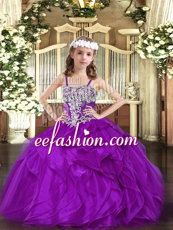 Enchanting Floor Length Purple Child Pageant Dress Organza Sleeveless Appliques and Ruffles