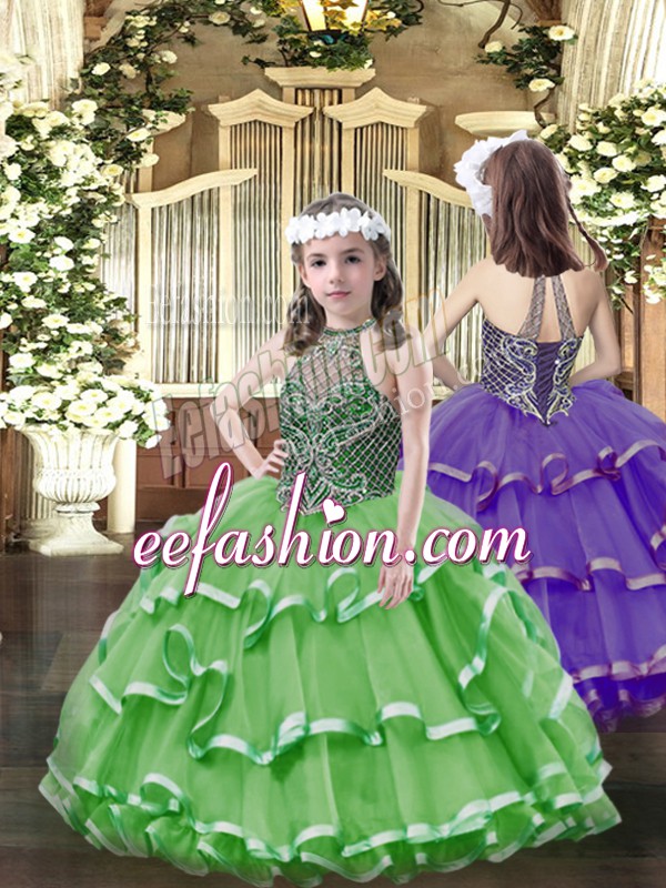  Green Ball Gowns Organza Halter Top Sleeveless Beading and Ruffled Layers Floor Length Lace Up Little Girl Pageant Dress