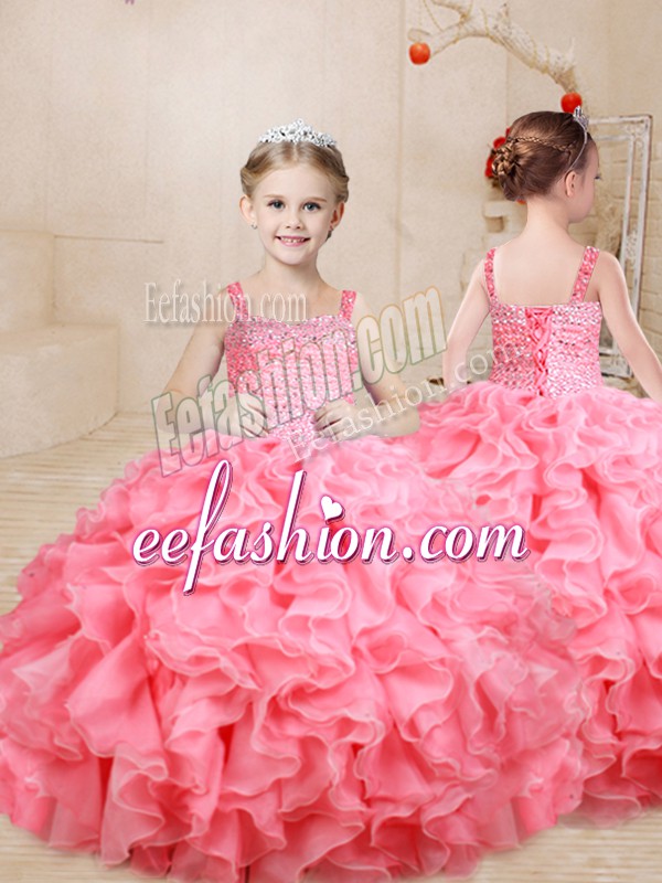 Most Popular Watermelon Red Sleeveless Organza Lace Up Pageant Gowns For Girls for Sweet 16 and Quinceanera