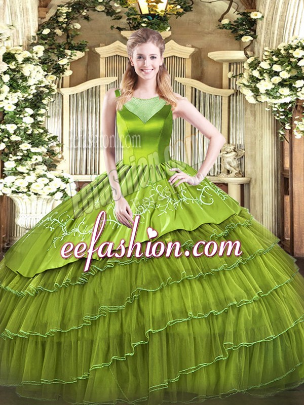  Floor Length Olive Green Quinceanera Gowns Organza Sleeveless Beading and Embroidery